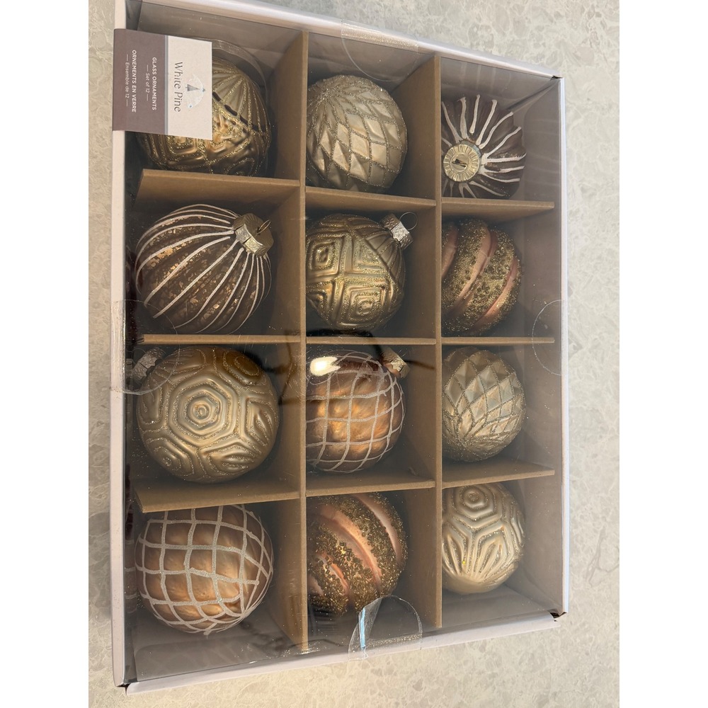 White Pine Glass Christmas Ornaments Set of 12 Gold Champagne Bronze Textured